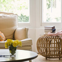 a bright living room with cozt decor