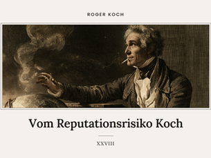 Kupferstich in Sepia: ein Lehrer im Gehrock mit grauem Lockenkopf, Zigarette zwischen den Lippen und verschmitztem Lächeln, die Hand über einem Globus. Titelbild zum Essay «Vom Reputationsrisiko Koch» von Roger Koch.