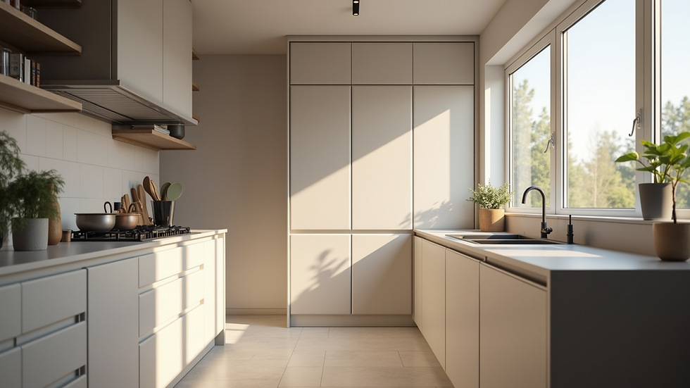 Eye-level view of modern kitchen cabinets with a sleek design