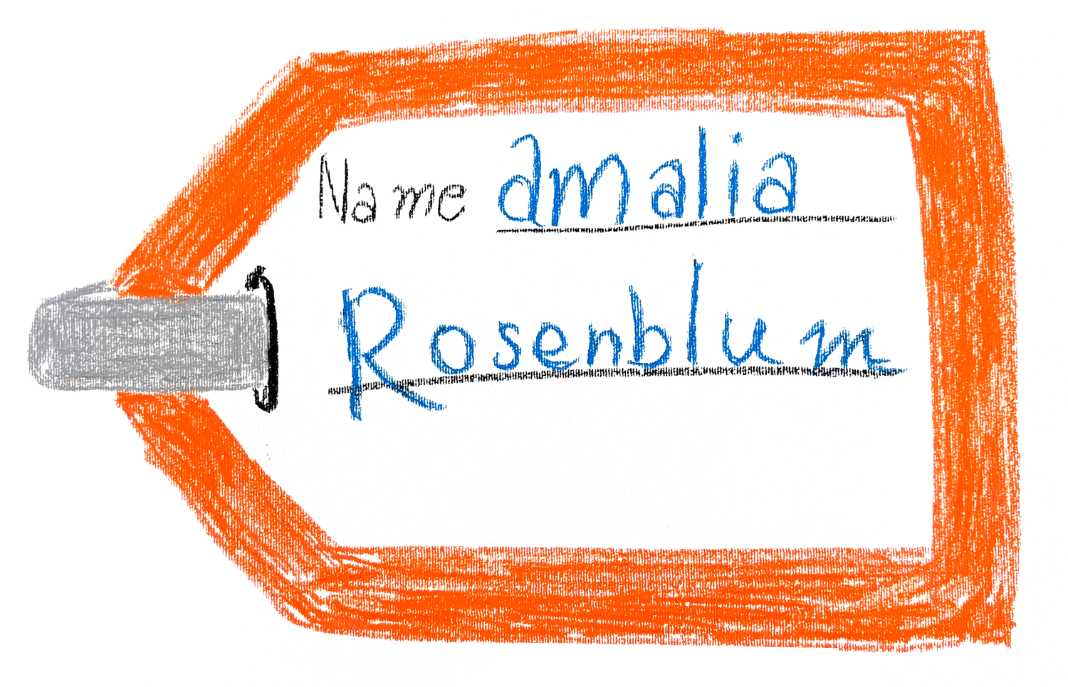 תג שם מצויר בכתב יד של עמליה רוזנבלום עם מסגרת כתומה