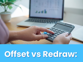 Infographic explaining the difference between offset accounts and redraw facilities for home loans. Offset accounts reduce interest by offsetting the loan balance with your savings, allowing full access to funds anytime. Example shows a $500,000 loan with $50,000 in offset, paying interest only on $450,000. Redraw facilities let you make extra repayments and withdraw them later if needed. Example shows paying $500 above the minimum repayment into redraw. Includes benefits, considerations, and advice tailored to healthcare workers, such as using offsets to manage variable income and maximise interest savings.