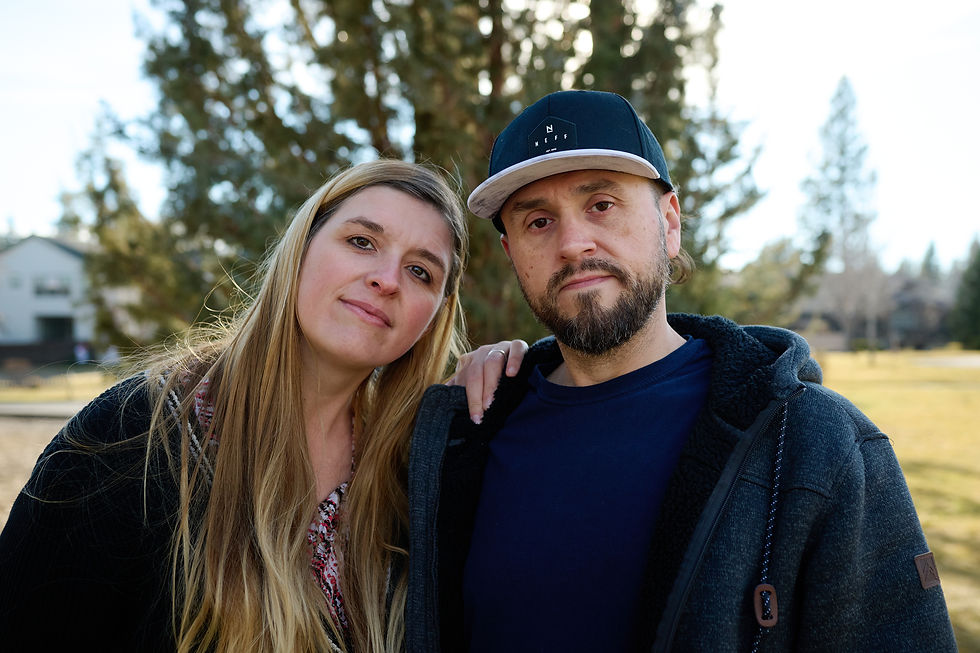 Phil and Megs Gordon stand together while at Renaissance Ridge Park in Bend. The Gordon’s bought an RV over a year ago to have a place to live. They said they’ve tried but have been unable to find an RV park where they can stay, so they move around frequently. Photo by Joe Kline.