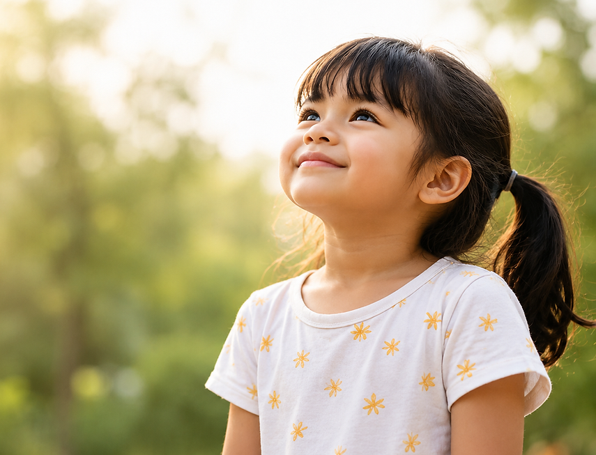 Child smiling with hope and looking toward a brighter future.