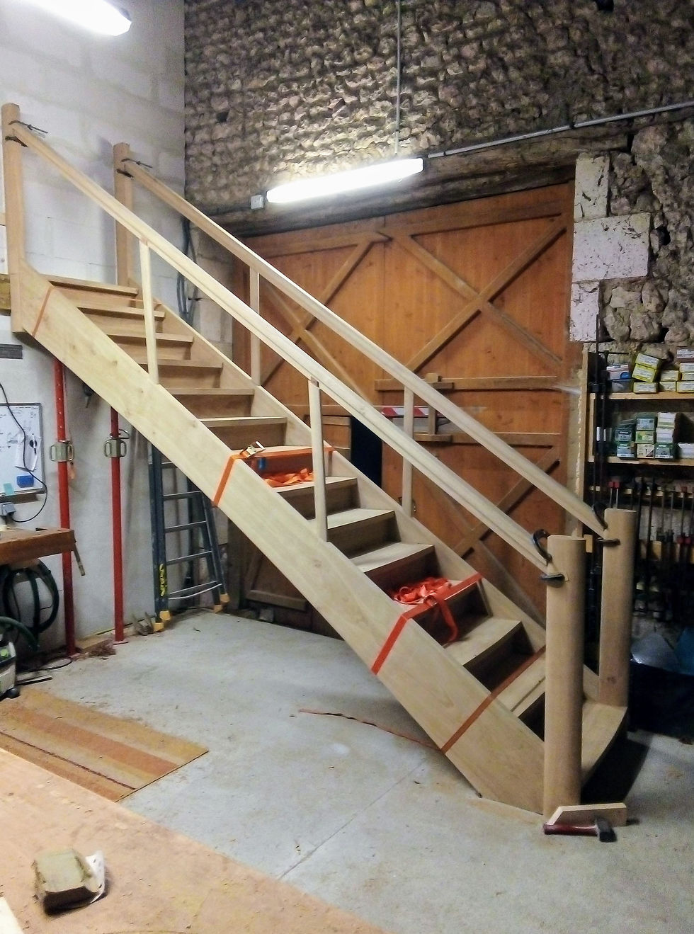 oak staircase in workshop