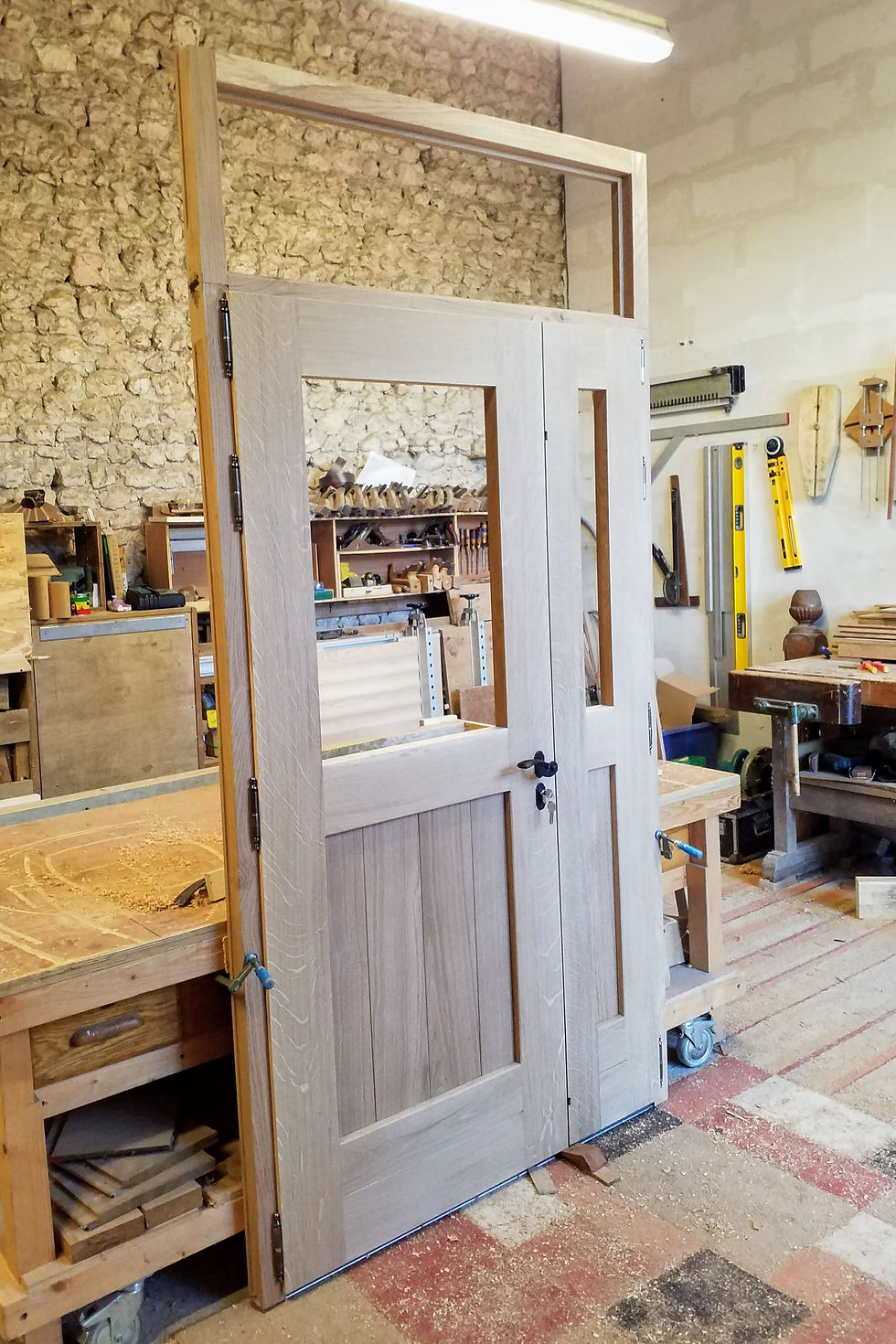 internal view of oak door in workshop