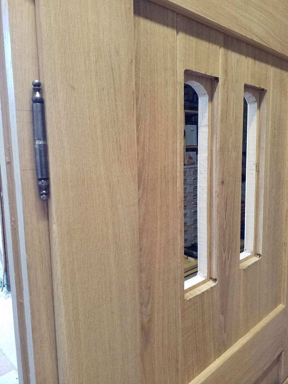 oak cottage door in workshop