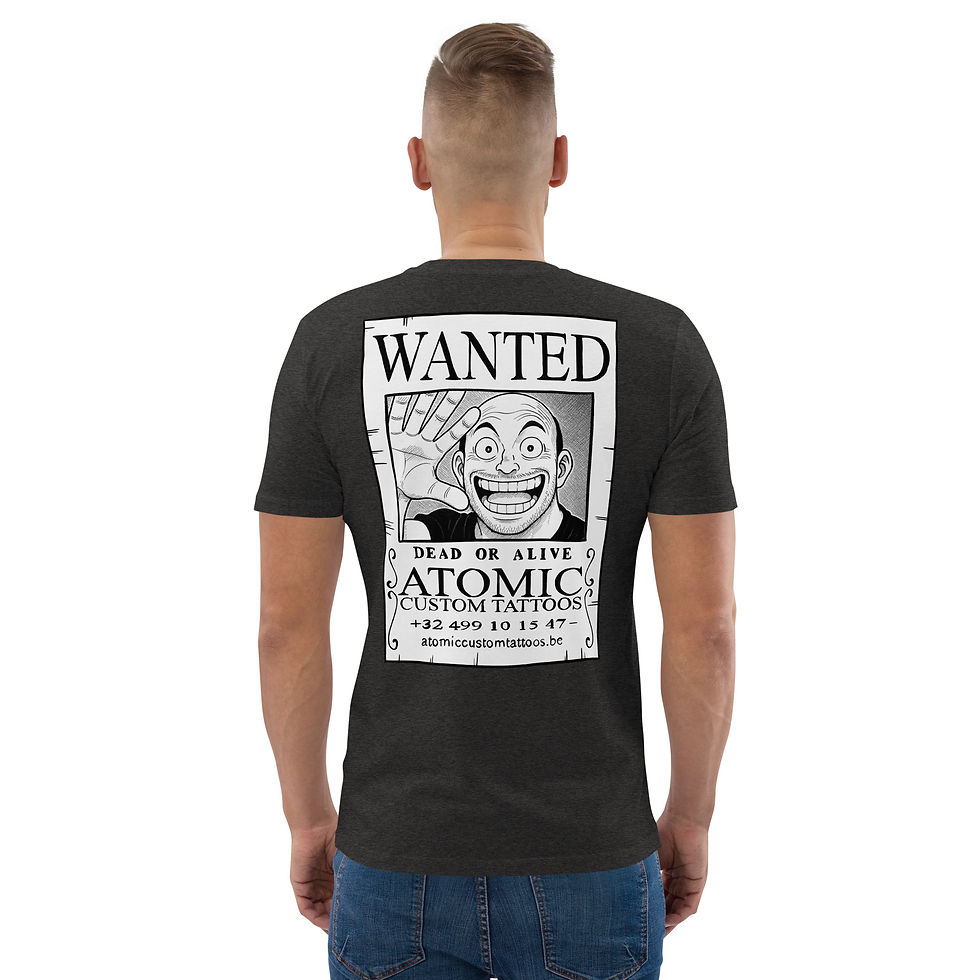 Thumbnail: Man wearing WANTED shirt with Atomic Tattoos, custom tattoos. Unisex Hoodie is visible.