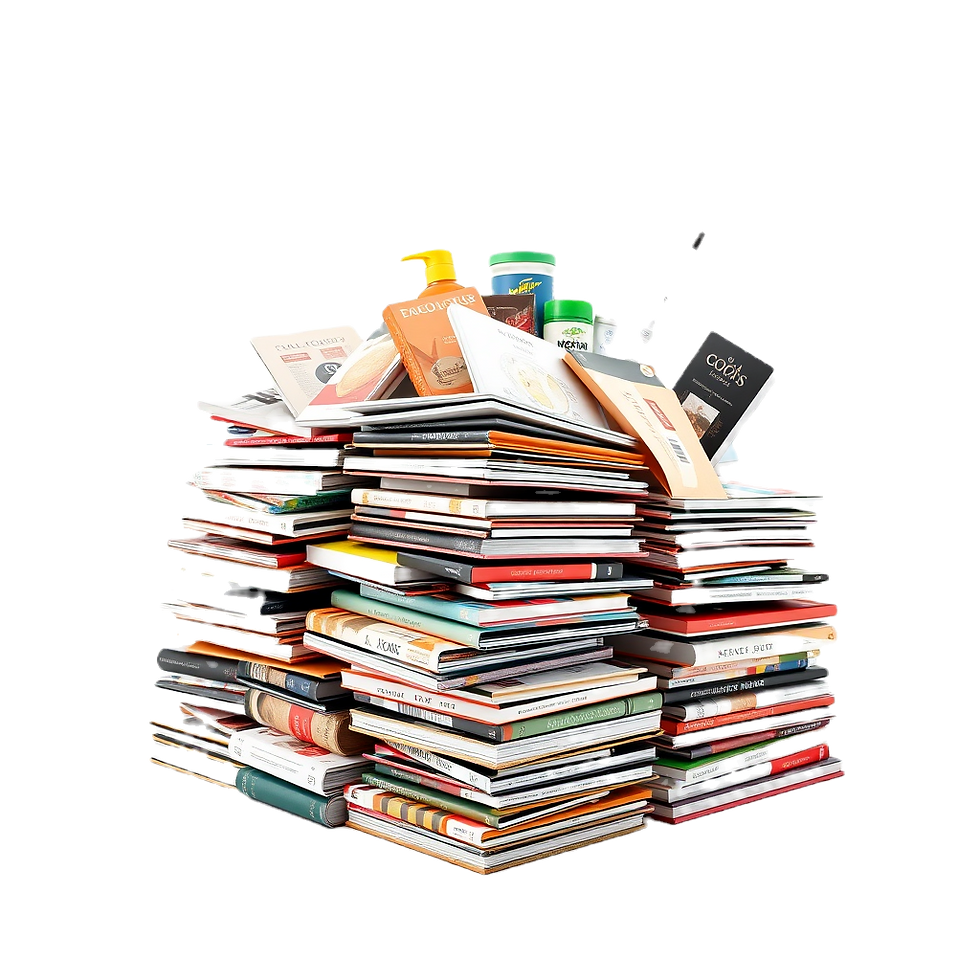 fait une pile de catalogues produits, étalés en éventail, sans fond, le fond sera en png a