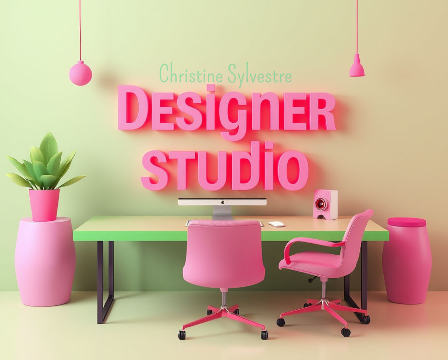 Designer Studio, couleurs dominantes rose et vert foncé, sans arrière plan , pas de fond d