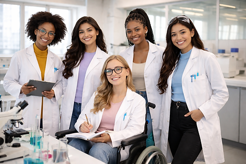 5 women from diverse racial and ability backgroudssmile at the camera.