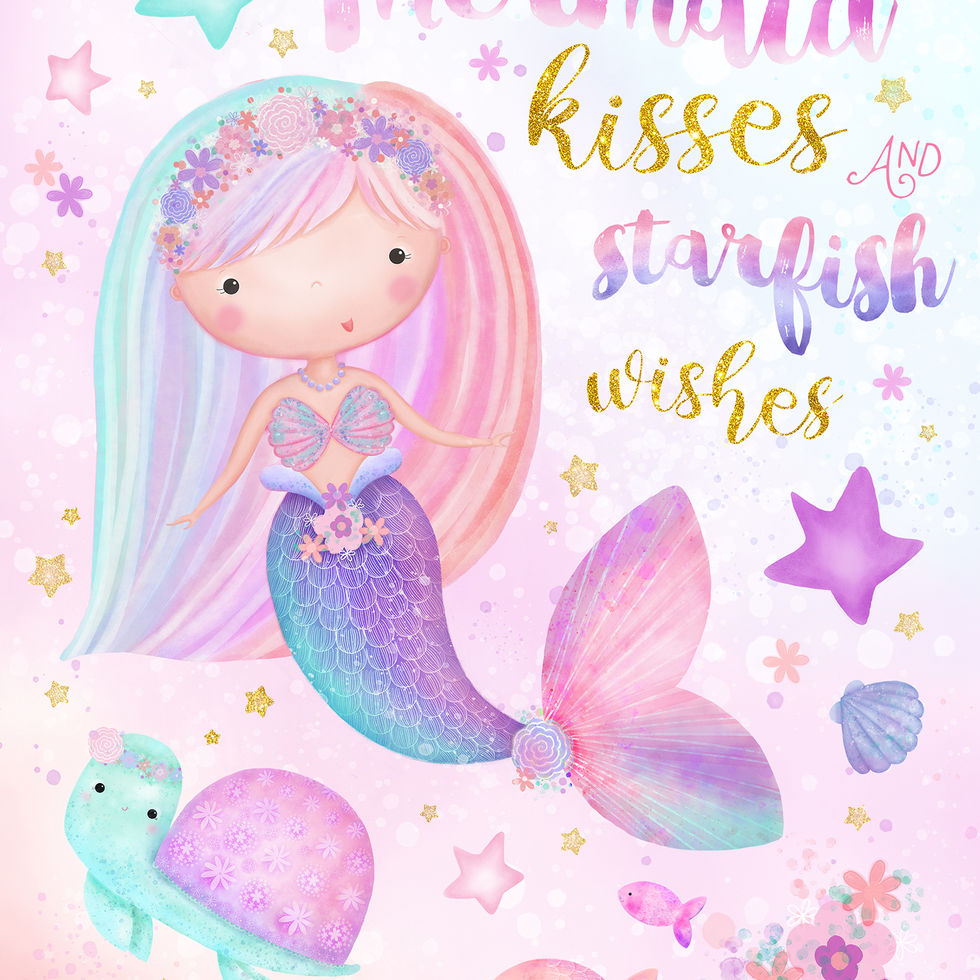 pastel rainbow mermaid and ocean creatures illustration