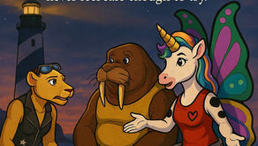 A dusk-lit scene by the ocean shows three anthropomorphic characters sitting together near a lighthouse. On the left, a lioness wearing goggles, a black leather vest, ripped jeans, and boots listens attentively. In the center, a large walrus in a yellow tank top and brown shorts sits calmly. On the right, a unicorn-butterfly hybrid with a rainbow mane, golden horn, heart-emblazoned red tank top, and a swirling tornado lower body gestures with open hands. Behind them, the lighthouse glows warmly against a darkening sky. Text above reads: “If you get too close, you’ll spend your strength fighting their monsters instead of guiding them through their own. And if you stay too far away, they’ll never feel safe enough to try.”