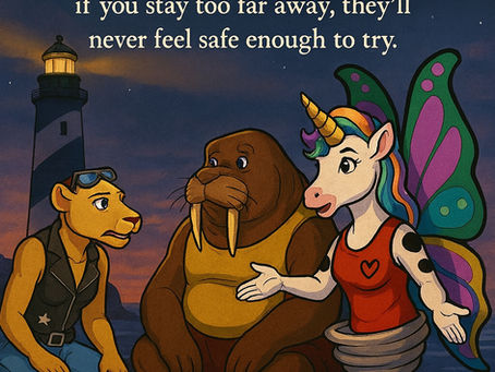A dusk-lit scene by the ocean shows three anthropomorphic characters sitting together near a lighthouse. On the left, a lioness wearing goggles, a black leather vest, ripped jeans, and boots listens attentively. In the center, a large walrus in a yellow tank top and brown shorts sits calmly. On the right, a unicorn-butterfly hybrid with a rainbow mane, golden horn, heart-emblazoned red tank top, and a swirling tornado lower body gestures with open hands. Behind them, the lighthouse glows warmly against a darkening sky. Text above reads: “If you get too close, you’ll spend your strength fighting their monsters instead of guiding them through their own. And if you stay too far away, they’ll never feel safe enough to try.”