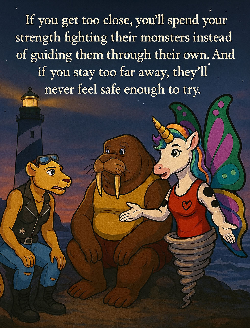 A dusk-lit scene by the ocean shows three anthropomorphic characters sitting together near a lighthouse. On the left, a lioness wearing goggles, a black leather vest, ripped jeans, and boots listens attentively. In the center, a large walrus in a yellow tank top and brown shorts sits calmly. On the right, a unicorn-butterfly hybrid with a rainbow mane, golden horn, heart-emblazoned red tank top, and a swirling tornado lower body gestures with open hands. Behind them, the lighthouse glows warmly against a darkening sky. Text above reads: “If you get too close, you’ll spend your strength fighting their monsters instead of guiding them through their own. And if you stay too far away, they’ll never feel safe enough to try.”