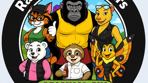 A circular emblem titled “Raised By Rangers” features six anthropomorphic animal characters standing together proudly. At the top, bold white text reads “Raised By Rangers,” and at the bottom, the phrase “They didn’t tame her fire — they taught it how to shine” curves along the border. In the center, the six characters — a gorilla, lioness, calico cat, polar bear, butterfly, and sloth — stand in front of green hills and a purple geometric building under a blue sky. A bright green banner across the middle reads “Original Six.” The overall design is colorful, upbeat, and celebratory, symbolizing unity, strength, and mentorship.