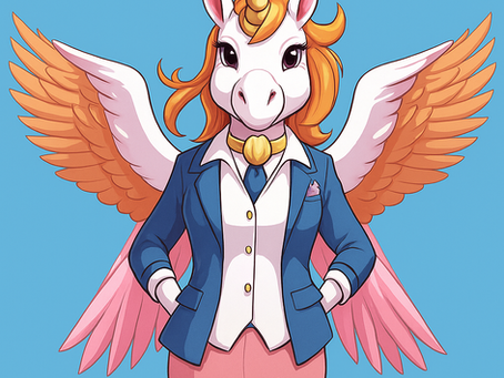 A confident female pegasus-unicorn Ranger stands centered against a light blue background. She has white fur, warm orange hair, a gold horn, and large pink-and-white wings spread wide. She wears a sharp blue blazer, white shirt, blue tie, and pink pants, with her hands on her hips in a firm, grounded stance. Text above her reads, “Help when it’s real. Hold firm when it’s not.” Text below reads, “And remember — every clear ‘no’ protects your next honest ‘yes.’”