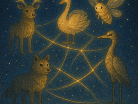 Five golden-hued animal Rangers—an antlered stag, a swan, a wolf, a heron, and a moth—float in a starlit blue sky, connected by glowing threads of light that form a radiant web between them. The scene symbolizes unity, communication, and harmony within the Empire Network, as each Ranger’s gentle glow contributes to the constellation of shared wisdom and connection.