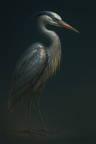 Alt text: A regal heron stands tall against a dark, softly lit background. Its feathers shimmer in metallic tones of silver and copper, giving it an almost forged appearance. The bird’s long beak is sharp and bronze-tipped, and its vivid blue eyes gleam with intelligence and focus. Sleek, layered feathers form a smooth armor-like pattern, and its posture exudes calm strength and precision—an image of elegance, discipline, and quiet power.