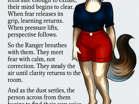 An illustrated anthropomorphic wolf-like Ranger character stands to the right, with gray and cream fur, red eyes, and short brown-and-gray hair. She wears a navy blue shirt and high-waisted red shorts. One hand rests at her side while her bushy tail curves behind her. On the left, black text reads: “Compassion, to a Ranger, is not weakness. It’s strategy… A true Ranger knows: You are not there to fight the storm. You are there to be the lighthouse within it—steady, grounded, and shining just enough light for someone else to find their way back to shore.”
