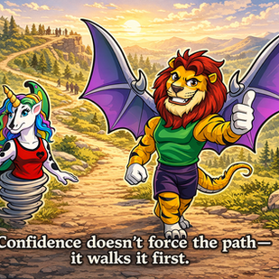 Illustration of Ranger Fusion, a confident lion–dragon with purple wings, walking forward on a winding forest trail and giving a calm thumbs-up, while Ffyo, a unicorn–panda hybrid with colorful wings and a tornado base, moves alongside him. The path leads toward a sunlit overlook in the distance with others following behind. Text reads: “Confidence doesn’t force the path—it walks it first.”