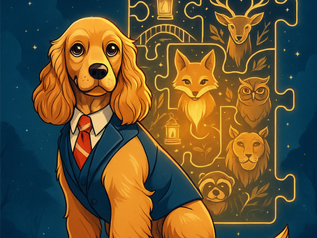 A golden Cocker Spaniel wearing a navy suit and red tie sits proudly under a starry night sky. Behind the dog glows a golden puzzle made of interlocking pieces featuring other animal Rangers — a fox, stag, owl, lion, raccoon, and lanterns — symbolizing unity and connection. The image includes the quote: “Each of us is a piece — wild, wondrous, and one-of-a-kind. But together, we become the Great Puzzle — the most fabulous creation of all.” The artwork radiates warmth, collaboration, and belonging.