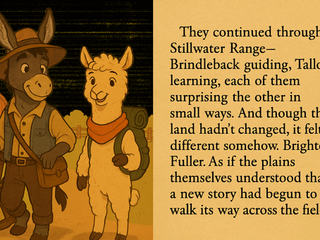 Illustration of a friendly donkey and alpaca standing side by side on a country path. The donkey, wearing a brown hat, yellow shirt, and denim vest, holds a wooden wagon wheel. The alpaca, fluffy and cream-colored, wears an orange scarf and green backpack. To the right of the characters is a parchment-style background with a story excerpt printed in serif text about their journey through Stillwater Range.