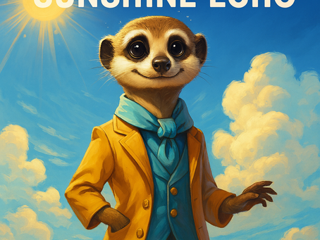 A cheerful cartoon-style meerkat stands upright against a bright blue sky with fluffy clouds and a glowing sun. The meerkat wears a yellow suit jacket, a teal vest, a teal shirt, and a matching scarf. It smiles warmly with large expressive eyes, one hand at its side and the other slightly raised. Bold white text above reads “SUNSHINE ECHO.” The overall mood is uplifting and friendly.