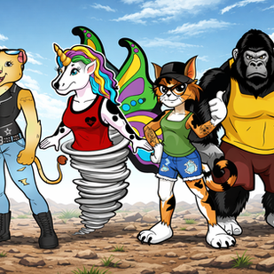 Four anthropomorphic characters stand side by side on a rocky path under a blue sky. From left to right: a confident animal character in a black sleeveless top and jeans; Ffyo, a unicorn-panda hybrid with rainbow mane, butterfly wings, and a tornado funnel instead of legs, wearing a red top; Calico Cat in glasses, a green shirt, and blue shorts, holding Ffyo’s hand; and a large, muscular gorilla in a yellow tank top with star patches, standing protectively at the end of the group.