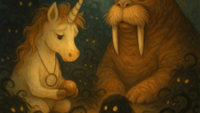 A soft, painterly scene shows a small unicorn (Ffyo) sitting on the left, holding a warm glowing stone in her hooves. She looks thoughtful and slightly worried. She wears a simple necklace with a circular pendant. Beside her sits a large, calm walrus with closed eyes and long white tusks, radiating steady peace. All around them are dark, fuzzy Fuggly creatures with glowing yellow eyes—some round, some wavy, some with little tendrils—surrounding the pair in a dim, swirling room. The mood is warm, safe, and introspective, showing confusion meeting compassion.