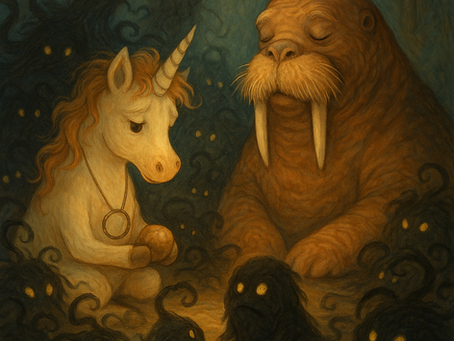A soft, painterly scene shows a small unicorn (Ffyo) sitting on the left, holding a warm glowing stone in her hooves. She looks thoughtful and slightly worried. She wears a simple necklace with a circular pendant. Beside her sits a large, calm walrus with closed eyes and long white tusks, radiating steady peace. All around them are dark, fuzzy Fuggly creatures with glowing yellow eyes—some round, some wavy, some with little tendrils—surrounding the pair in a dim, swirling room. The mood is warm, safe, and introspective, showing confusion meeting compassion.