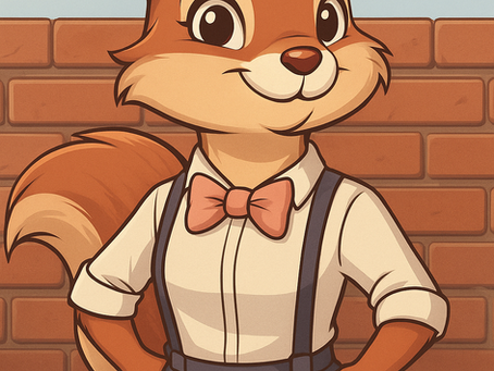 “A cheerful, anthropomorphic squirrel stands confidently in front of a brick wall. The squirrel wears a white button-up shirt, rolled sleeves, dark suspenders, and a pink bow tie. The sky is lightly clouded above the wall. Below the character, bold text reads: ‘When the walls don’t shift, the game ends — and truth can finally stand still.’”