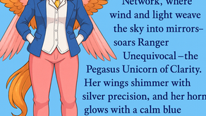 Illustration of Ranger Unequivocal, a Pegasus Unicorn character with a white face, golden horn, and flowing orange mane. She has large orange wings and is dressed in a blue blazer, white shirt, pink pants, and tan boots, standing confidently with hands in her pockets against a light blue background. Beside her is stylized text describing her as the Pegasus Unicorn of Clarity, whose wings shimmer with precision and whose horn glows with a calm blue flame, bringing truth and dissolving confusion wherever she goes.