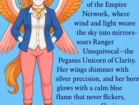 Illustration of Ranger Unequivocal, a Pegasus Unicorn character with a white face, golden horn, and flowing orange mane. She has large orange wings and is dressed in a blue blazer, white shirt, pink pants, and tan boots, standing confidently with hands in her pockets against a light blue background. Beside her is stylized text describing her as the Pegasus Unicorn of Clarity, whose wings shimmer with precision and whose horn glows with a calm blue flame, bringing truth and dissolving confusion wherever she goes.