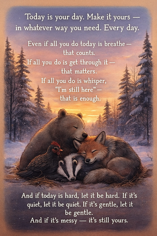 A warm, comforting winter scene shows four woodland animals resting together in the snow at sunset. A bear with closed eyes leans gently against a fox, who is curled up peacefully beside a badger. A chicken nestles close at their side. Snow-covered pine trees rise behind them, glowing softly in the fading light. Above and below the animals, white text offers reassurance about taking each day as it comes, reminding the reader that simply breathing, enduring, or whispering “I’m still here” is enough.