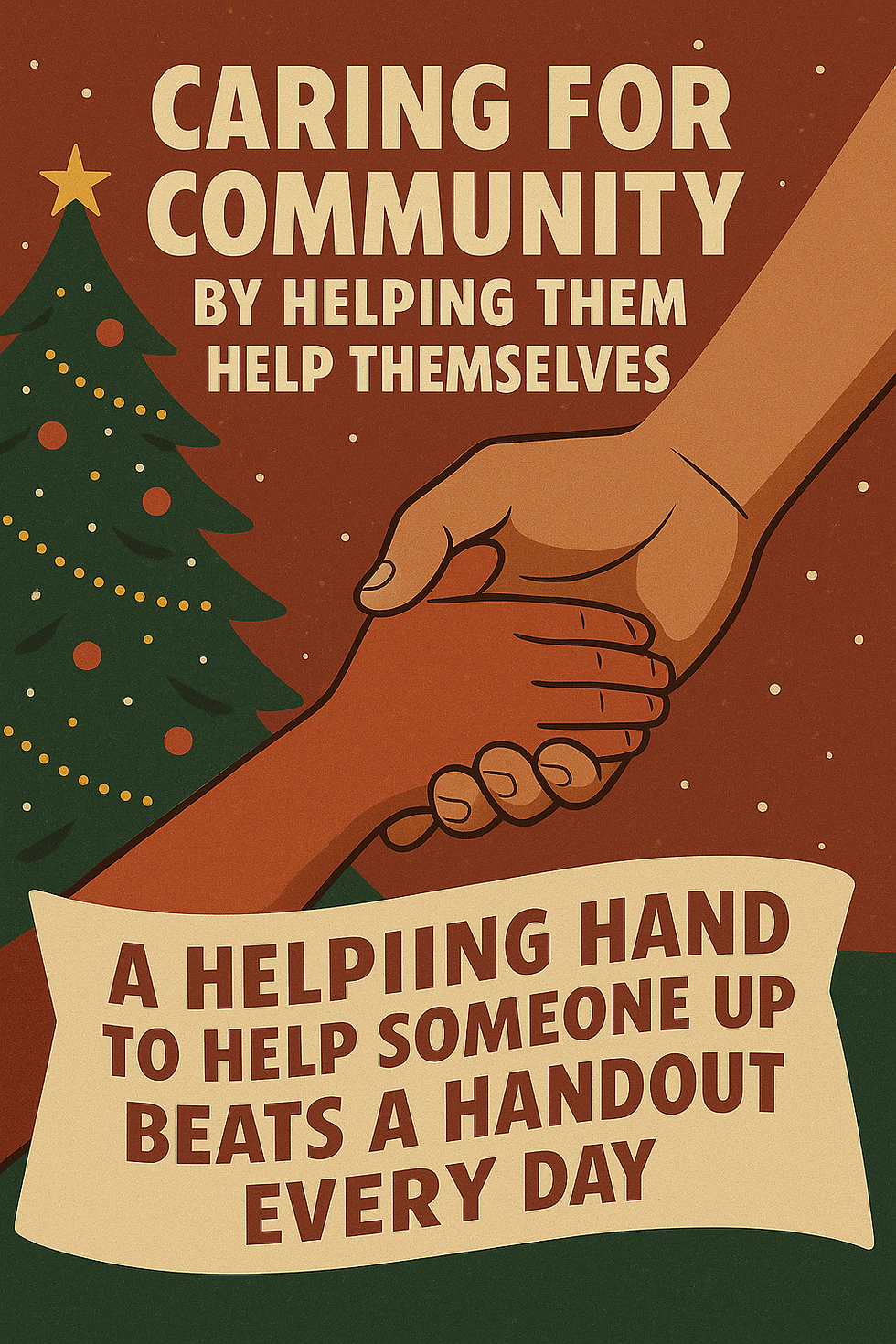 An illustrated holiday poster showing two hands clasped together in a gesture of support, set beside a decorated Christmas tree. The text reads, “Caring for Community by Helping Them Help Themselves. A helping hand to help someone up beats a handout every day.” The artwork uses warm tones of red, gold, and green, evoking compassion, generosity, and community spirit during the holiday season.