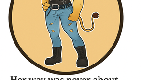 Illustration of Lioness, a confident anthropomorphic lion character from Raised by Rangers, standing in a circular frame with a tan background. She wears ripped blue jeans, a black leather vest, black boots, and sunglasses perched on her head. Her stance is strong and assured, with one hand on her hip and a warm, knowing smile. Below the image is the quote: “Her way was never about taming; it was about transforming. Every student left her steadier, stronger, and more certain of their purpose.”