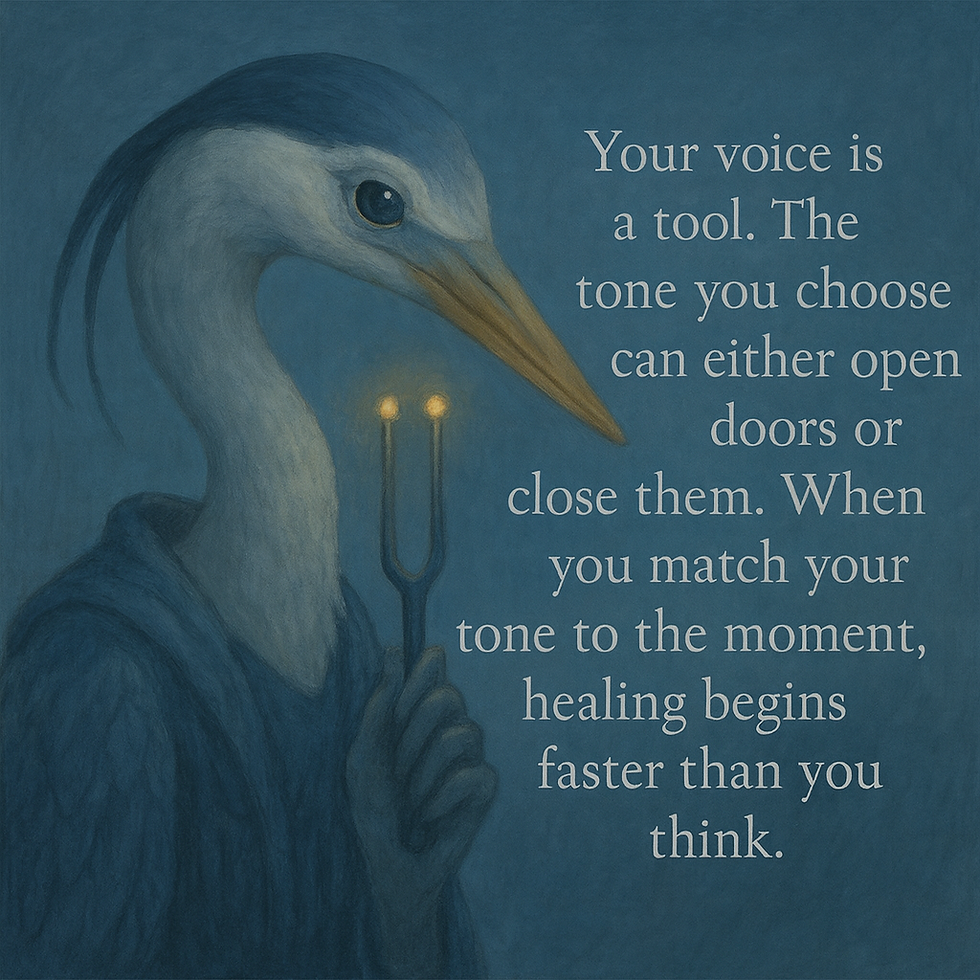 Illustrated portrait of Smokereed Tilda, a calm heron-like Ranger in cool blue tones, holding a glowing reed-shaped Tone Tuner in a misty marsh. Soft light and still water create a peaceful mood. Overlaid text reads: “Your voice is a tool. The tone you choose can either open doors or close them. When you match your tone to the moment, healing begins faster than you think.”