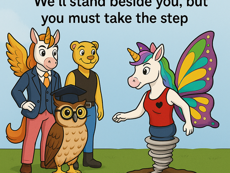 A colorful cartoon illustration shows three supportive animal characters watching Ffyo, a unicorn with butterfly wings and a swirling tornado funnel instead of legs, take a confident step forward on grassy ground under a blue sky. The unicorn on the left wears a suit and gold wings, the owl in the center wears glasses and a graduation cap, and the lioness on the right wears a black vest and jeans. Above them, the text reads: “We believe in your strength. We’ll stand beside you, but you must take the step.”