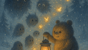 A soft, heartwarming winter scene shows a fuzzy brown bear sitting in the snow, holding a glowing lantern. Around the bear float several fuzzy blue-gray creatures with large, curious eyes—the Fugglies—watching quietly as golden fireflies dance in the gentle snowfall. The warm lantern light contrasts the cool blue night, creating a sense of peace, wonder, and comfort amid the forest shadows.