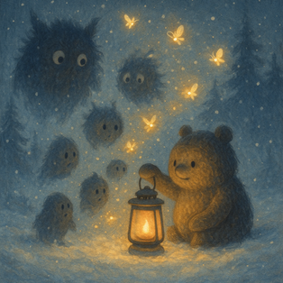 A soft, heartwarming winter scene shows a fuzzy brown bear sitting in the snow, holding a glowing lantern. Around the bear float several fuzzy blue-gray creatures with large, curious eyes—the Fugglies—watching quietly as golden fireflies dance in the gentle snowfall. The warm lantern light contrasts the cool blue night, creating a sense of peace, wonder, and comfort amid the forest shadows.