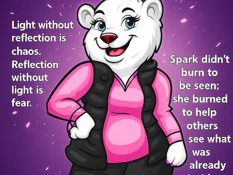 Illustration of Spark, a white bear Ranger with bright blue eyes, a pink shirt, black vest, and black pants, standing confidently with one hand on her hip against a glowing purple background with floating embers. Text appears around her: Top: “Your fire isn't the problem. It's the compass. Learn what it burns for, and it will never burn you.” Left: “Light without reflection is chaos. Reflection without light is fear.” Right: “Spark didn't burn to be seen; she burned to help others see what was already inside them.”