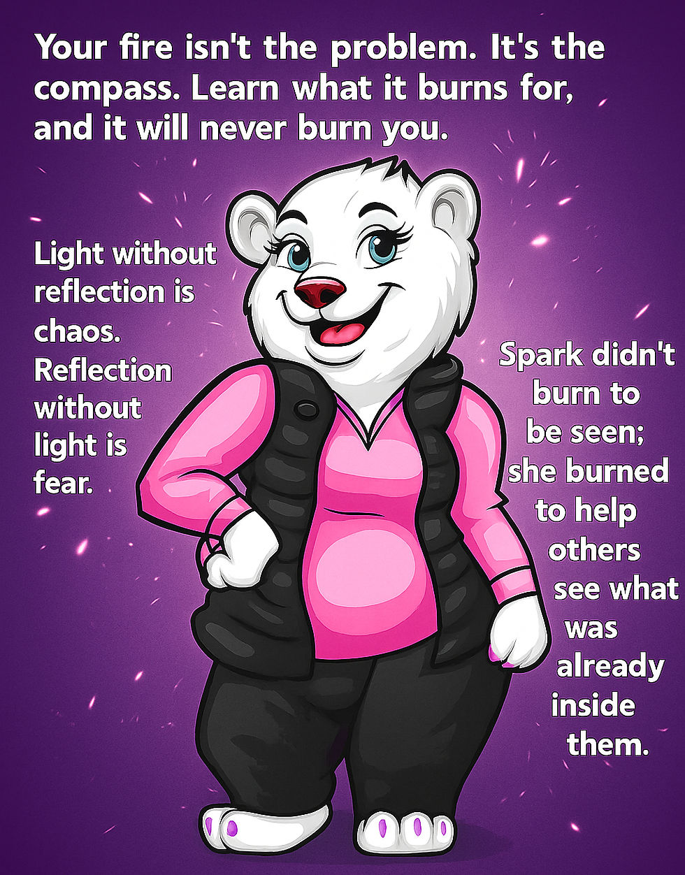 Illustration of Spark, a white bear Ranger with bright blue eyes, a pink shirt, black vest, and black pants, standing confidently with one hand on her hip against a glowing purple background with floating embers. Text appears around her: Top: “Your fire isn't the problem. It's the compass. Learn what it burns for, and it will never burn you.” Left: “Light without reflection is chaos. Reflection without light is fear.” Right: “Spark didn't burn to be seen; she burned to help others see what was already inside them.”