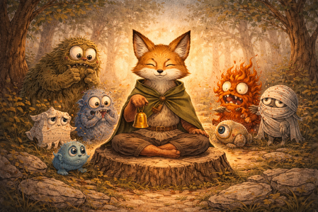 An animal Ranger sits calmly on a tree stump in a warm forest clearing, eyes closed, gently holding a small golden bell. Around them, a circle of expressive Fugglies—furry, fiery, cloudy, wrapped, and wide-eyed—pause and watch. Leaves float in soft light, and the scene feels quiet, centered, and attentive, as if the bell has stilled the noise.