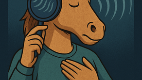 Illustration titled “Listening Lens” featuring an anthropomorphic horse with eyes closed, holding a magnifying glass-like lens to its ear and one hand over its heart. Sound waves radiate from the lens. Below, text reads: “A mindfulness exercise that trains your ears and heart to hear what isn’t being said—tone, hesitation, or hope. Rangers say it’s not just about hearing words, but understanding worlds.”