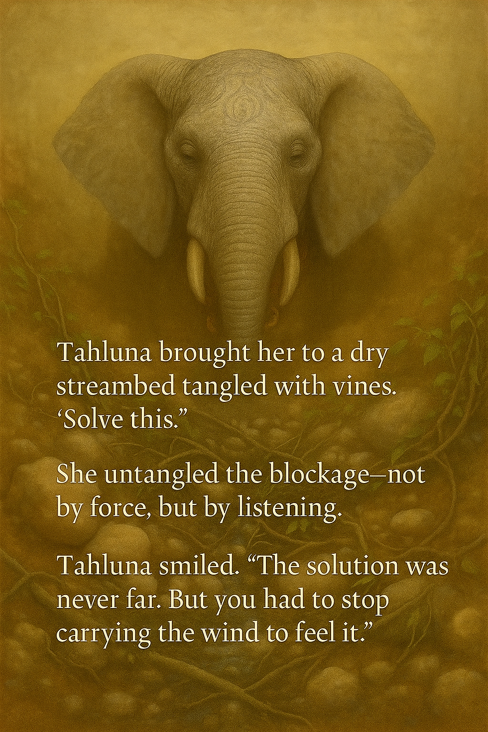 A soft, golden-toned illustration of Tahluna, a calm elephant with intricate markings on her forehead, standing above a dry streambed tangled with vines and rounded stones. The atmosphere is warm and serene. Over the lower half of the image, white text reads: “Tahluna brought her to a dry streambed tangled with vines. ‘Solve this.’ She untangled the blockage—not by force, but by listening. Tahluna smiled. ‘The solution was never far. But you had to stop carrying the wind to feel it.’”