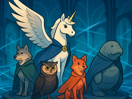 A stylized illustration of five Rangers standing together on a round platform inside a glowing blue futuristic hall. At the center is Unequivocal, a white winged unicorn with a golden horn and a blue cloak. To the left stands Kelver, a silver-gray wolf in a green cloak, and Clarifier, a brown owl with sharp yellow eyes in a deep brown cloak. To the right is Spark, a small bright orange fox in an orange cloak, and Murmo, a large gentle manatee wearing a blue cloak. Blue energy lines cross the hall behind them, creating a luminous network grid.