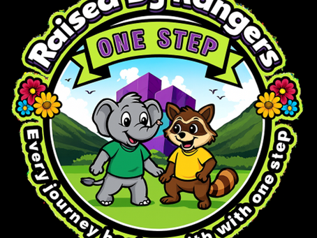 Circular Raised by Rangers logo featuring an elephant and a raccoon standing hand-in-hand in a green valley with a purple geometric mountain behind them. The banner across the top reads “ONE STEP,” and the bottom text says “Every journey begins with one step.” Bright flowers decorate the sides, adding a cheerful, welcoming feel.