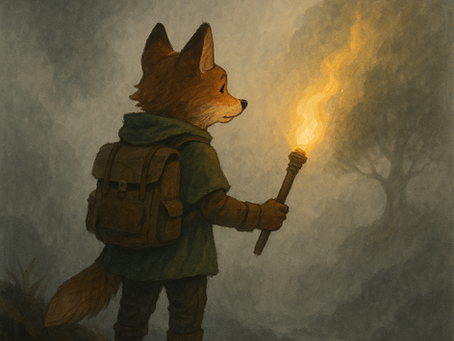 An anthropomorphic fox ranger stands on the edge of a misty cliff, holding a glowing torch that casts warm light through the fog. Wearing a green cloak and a brown backpack, the fox gazes into the swirling mist where faint tree shapes emerge. The scene symbolizes courage, clarity, and balance — a visual metaphor for facing “the fugglies” between flying and falling in the Raised by Rangers world.