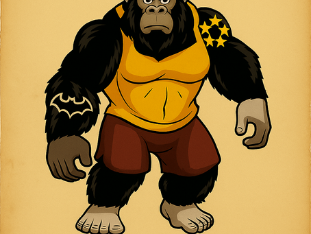 A stylized cartoon gorilla stands upright against a parchment-colored background. He is muscular with dark fur, wearing a yellow tank top and red shorts. A black bat-shaped tattoo is on his right arm, and a cluster of yellow star symbols decorates his left shoulder. His expression is serious and focused. Above and below him is bold text describing Walrus’s past and his rare skill for deep listening and understanding beneath conflict.