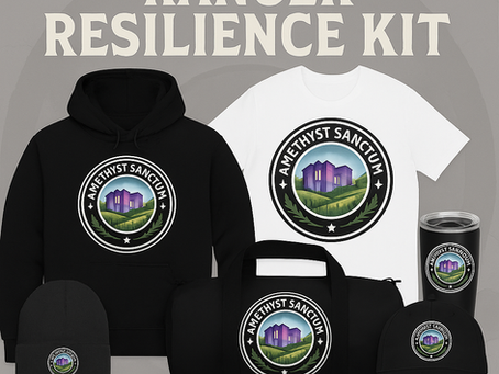 A promotional display titled “Ranger Resilience Kit” shows a coordinated set of black and white gear featuring the circular “Amethyst Sanctum” emblem—an illustration of a purple crystalline building set against rolling green hills and a blue sky. The collection includes a black hoodie, white T-shirt, black beanie, duffel bag, tumbler, and baseball cap, all neatly arranged on a neutral gray background with the title in bold lettering above.